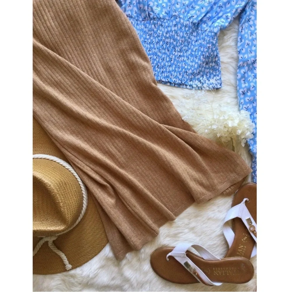 Free People XS Heathered Brown Ribbed Knit Slit Midi Skirt Western Boho Neutral - Picture 4 of 14